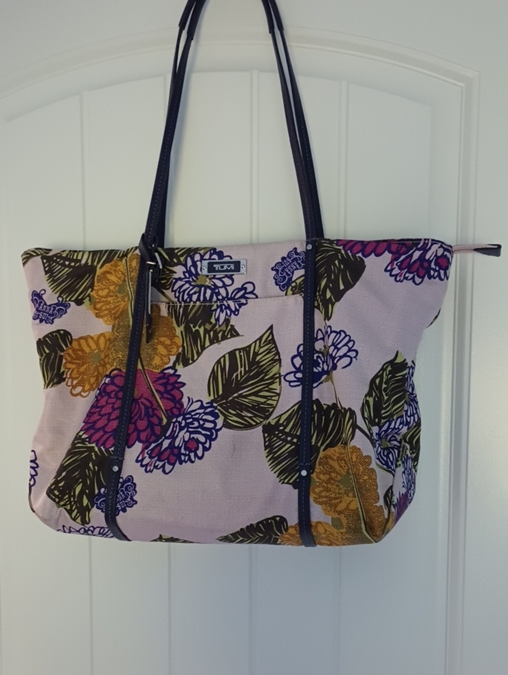 Tumi Pink Floral Tote with Navy Straps